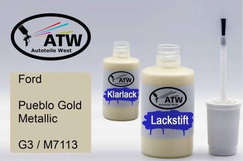 Ford, Pueblo Gold Metallic, G3 / M7113: 20ml Lackstift + 20ml Klarlack - Set, von ATW Autoteile West.